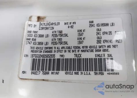 2002 Dodge Dakota Sport из США, поврежденный, VIN 1B7GG32N92S652935